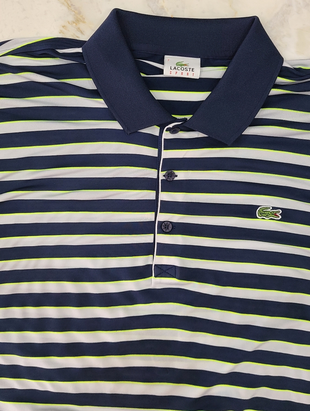 Lacoste Golf Shirt Blue and Neon Green Striped Size 7/XL - Picture 11 of 16
